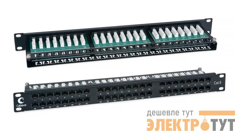 Патч-панель 19дюйм 1U 48 портов RJ45 кат.6 Dual IDC PLHD-48-Cat.6-Dual IDC-1U высокой плотности Cabeus 7777c