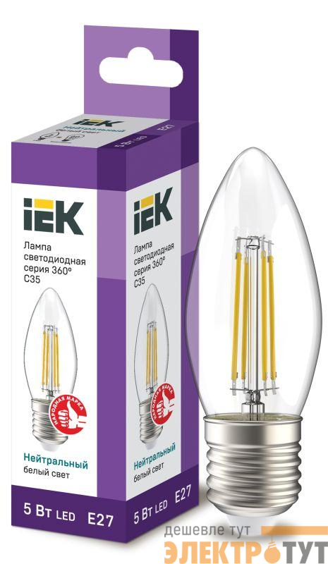 Лампа светодиодная филаментная 360° 5Вт C35 свеча 4000К E27 230В прозр. IEK LLF-C35-5-230-40-E27-CL