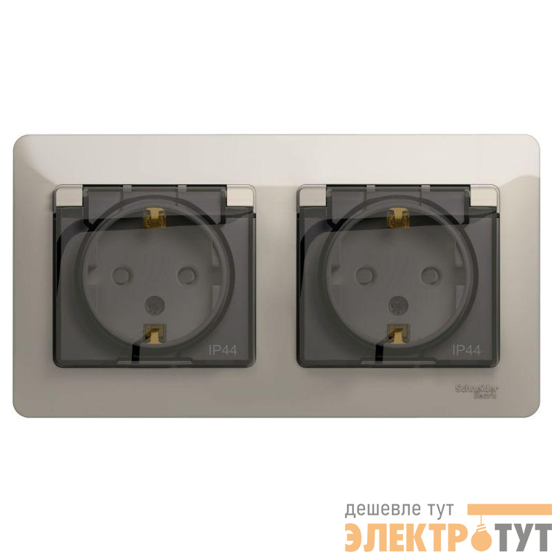 Розетка 2-м СП 2мод. Glossa 16А IP44 с заземл. защ. шторки в сборе молоч. SE GSL000947