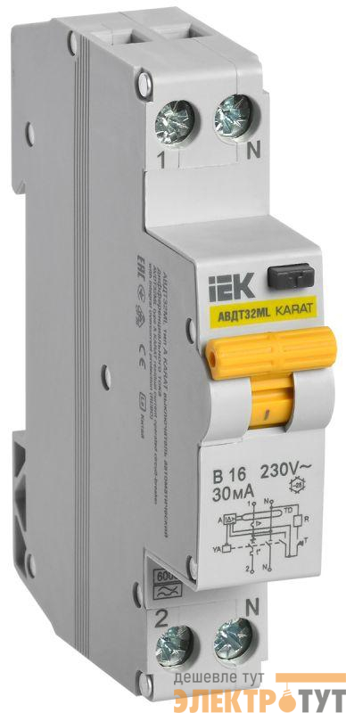 Выключатель автоматический дифференциального тока B 16А 30мА тип A АВДТ32ML KARAT IEK MVD12-1-016-B-030-A