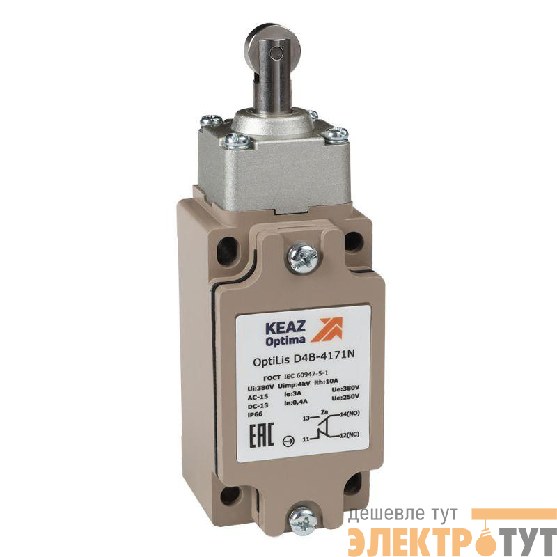 Выключатель концевой OptiLiS D4B-4172N толкатель роликовый поперечный метал. EN 50041 XCKJ103H29 КЭАЗ 365334