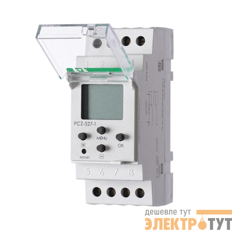 Реле времени астрономическое PCZ-527-1 суточн./недельн. 2мод.; 2 канала (режим работы настраивается для кажд. канала); ночн. перерыв; годов. программа; монтаж на DIN-рейке F&F EA02.002.017