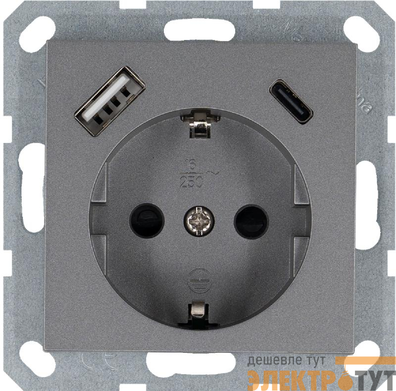 Розетка Shuko 16А с заземл. защ. шторки с 2-мя заряд. устройствами USB тип A+C 25Вт механизм алюм. Jasmart G5501USB-25S