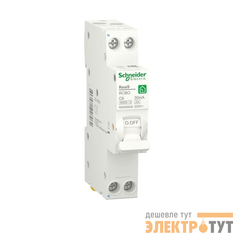 Выключатель автоматический дифференциального тока (ДИФ) RESI9 1P+N С 6А 6000А 30мА 18мм тип A SchE R9D88606