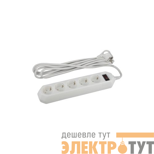 Удлинитель с сетевым фильтром 5х5м с заземл. 10А IP20 USF-5es-5m-W ПВС 3х0.75 с выкл. бел. Эра Б0019738