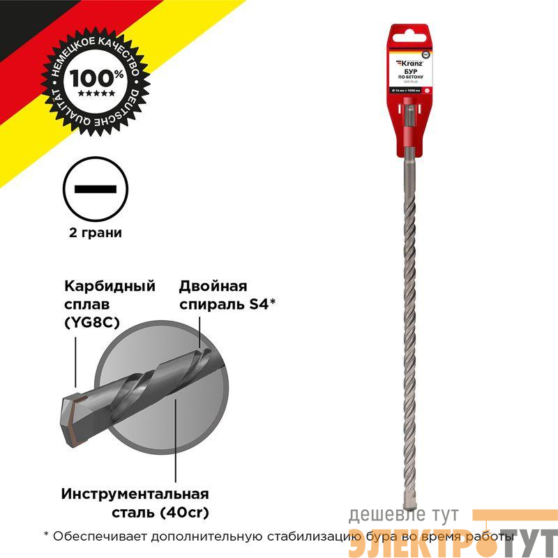 Бур по бетону 16x1000x940мм SDS PLUS Kranz KR-91-0089