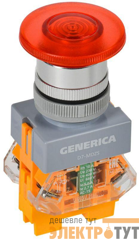 Кнопка D7-MDZS "Грибок" d22мм 1НО+1НЗ с подсветкой и фиксацией красн. GENERICA BBG50-11MDZS-3-11-K04-G