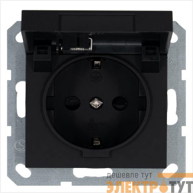 Розетка 1-м Shuko 16А IP20 с заземл. защ. шторки с крышкой механизм черн. матов. soft touch Jasmart G5505PB