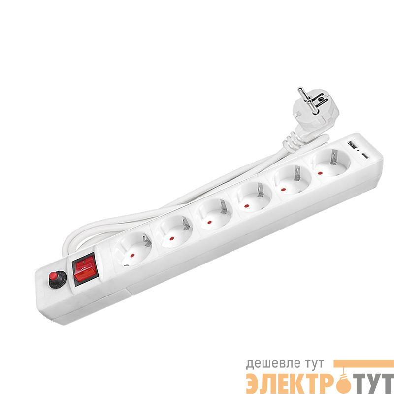 Удлинитель с сетевым фильтром 6х1.8м с заземл. 10А IP20 2.2кВт USB type-A + type-C ПВС 3х0.75 с выкл. бел. UNIVersal 2543