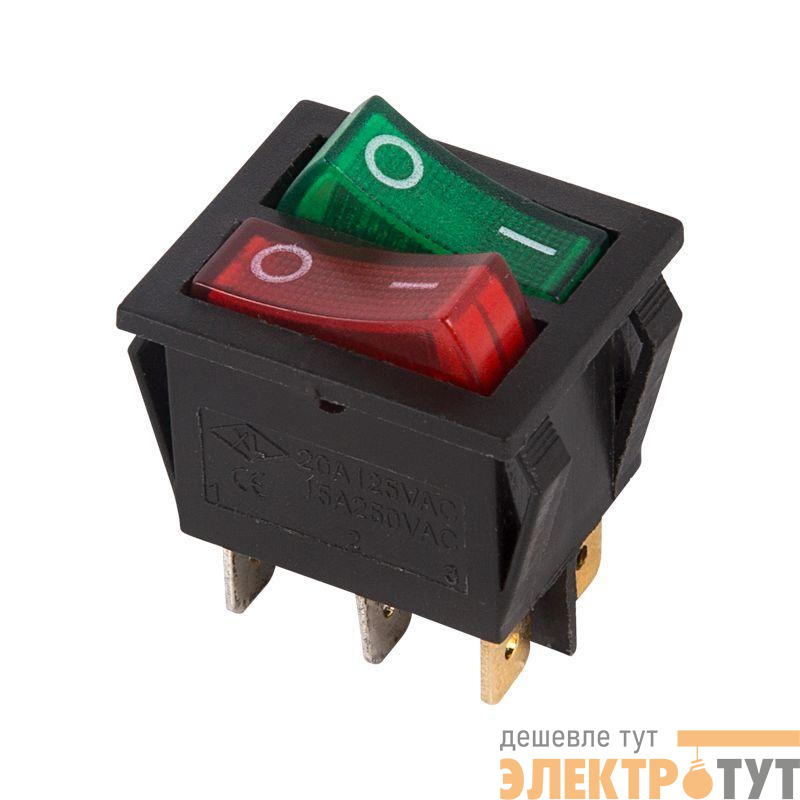 Выключатель клавишный 250В 15А (6с) ON-OFF крас./зел. с подсветкой двойн. (RWB-511) Rexant 36-2450