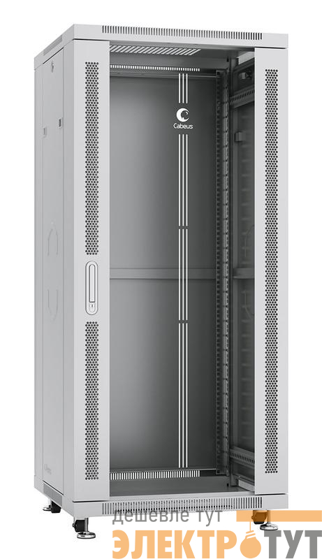 Шкаф монтажный телекоммуникационный напольный SH-05C-27U60/60 19дюйм для распред. и серверн. оборудования 27U 600х600х1388мм передн. стеклян. и задн. сплошн. метал. двери ручка с замком сер. (RAL 7035) Cabeus 7045c
