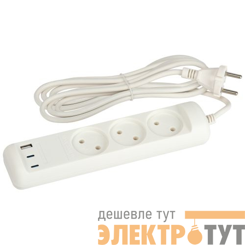 Удлинитель электрический U-3-3m-USB-W 3 розетки + 3xUSB A+C 3м 10А бел. Эра Б0069076