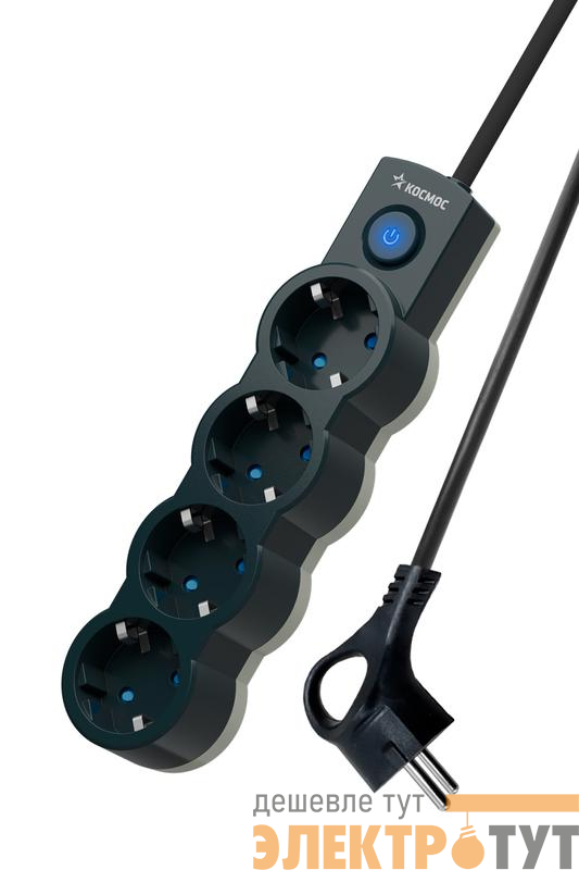 Удлинитель 4х5м с заземл. 10А IP20 2200Вт 220В защ. шторки ПВС 3х1 с выкл. черн. КОСМОС YKsm5m-4g-Z-V10A-B