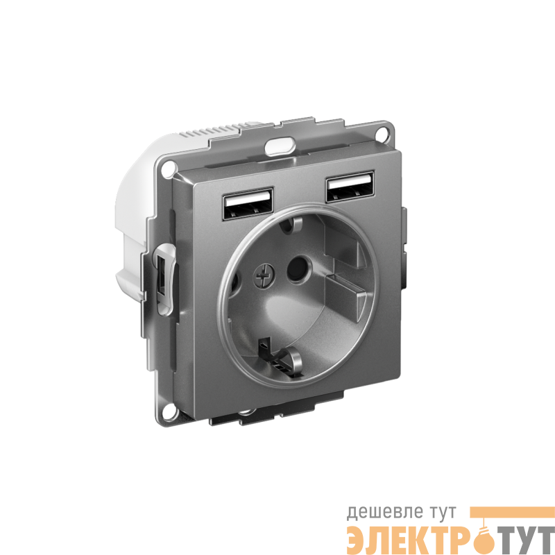Розетка 1-м СП AtlasDesign 16А IP20 с 2-мя заряд. устройствами USB тип A+A 5В/2.4А 2х5В/1.2А механизм сталь SE ATN000930