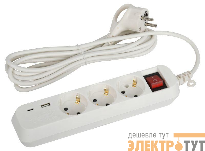 Удлинитель 3х3м с заземл. 10А +1xUSBA+1xUSBC с выкл. UB-3es-3m-USB Эра Б0052898