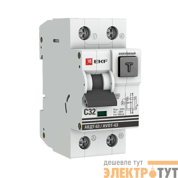 Выключатель автоматический дифференциального тока 1п+N 2мод. С 32А 100мА тип А 6кА АВДТ-63 (электрон.) PROxima EKF DA63-32-100e