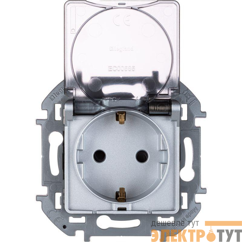 Розетка 1-м СП Inspiria 16А IP44 250В 2P+E защ. шторки с крышкой немецк. стандарт механизм алюм. Leg 673742