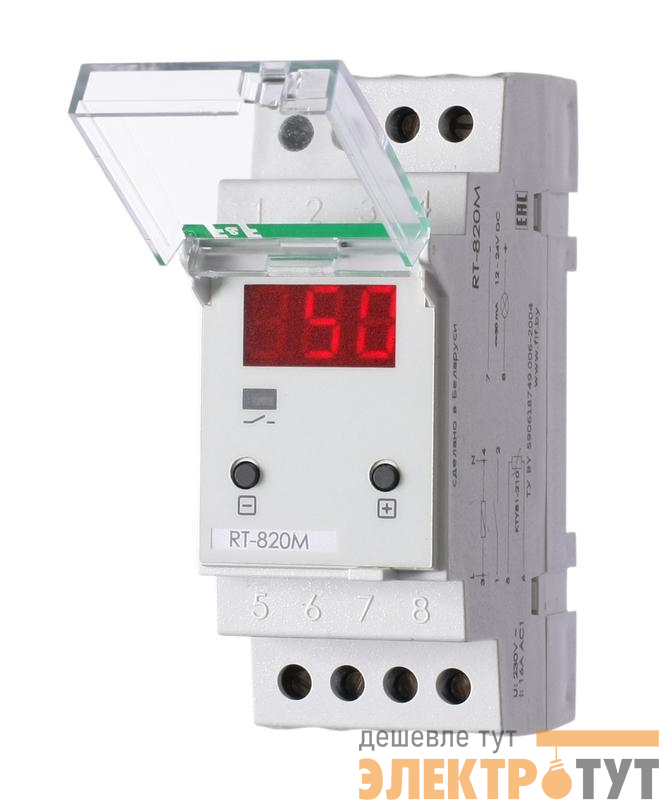 Регулятор температуры RT-820M от -30 до +140 град.C; 16А 24-264В DC/30-264В AC 1Z IP20 микропроцессорный; многофункц.; цифровая индикация; выносной датчик с термоус. проводом; монтаж на DIN-рейке 35мм F&F EA07.001.007