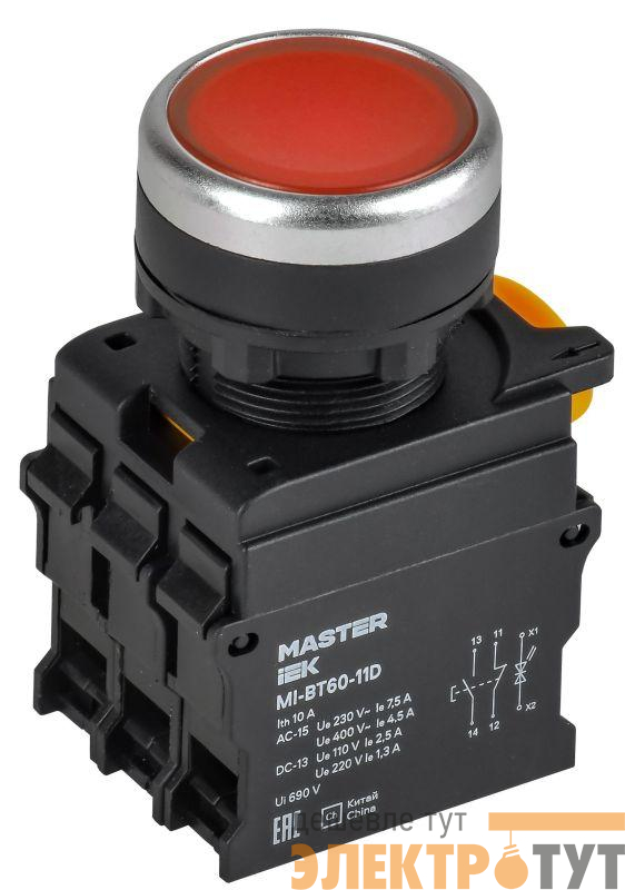 Кнопка d22мм 1НО+1НЗ MASTER с подсветкой красн. IEK MI-BT60-11D-3-12-K04