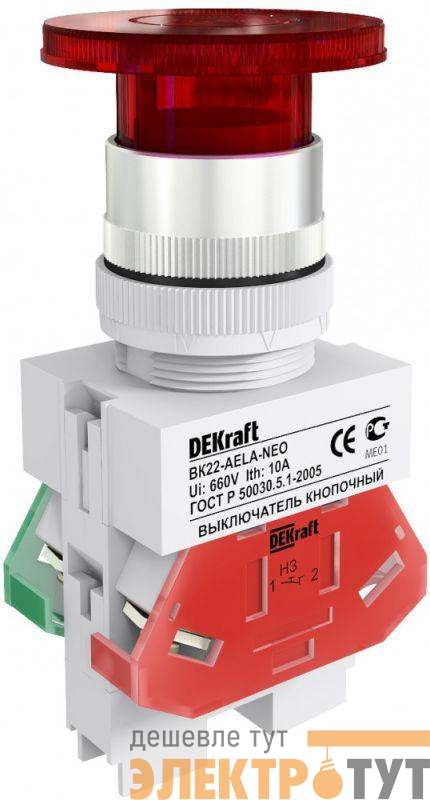 Выключатель кнопочный "Грибок" AELA ВК-22 d22мм 220В неон красн. DEKraft 25030DEK