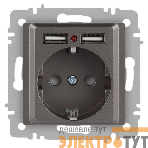 Розетка 1-м СП Accent 6-410-09 16А IP20 250В P+E Schuko + 2хUSB защ. шторки титан Intro Б0063711