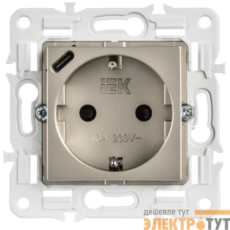 Розетка SKANDY 18Вт 16А с заземл. защ. шторки с USB C SK-R17Sh шампань IEK SK-R14-16-U14-018-K37