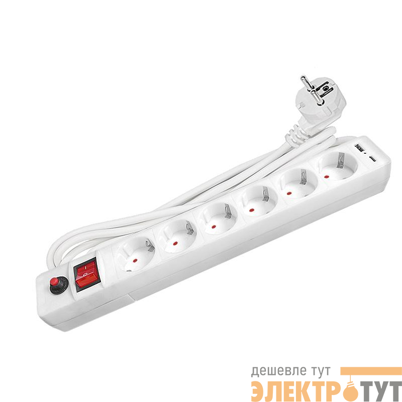 Удлинитель с сетевым фильтром 6х3м с заземл. 10А IP20 2.2кВт USB type-A + type-C ПВС 3х0.75 с выкл. бел. UNIVersal 2544