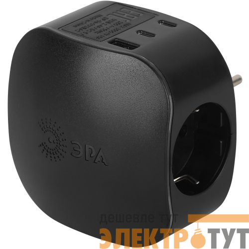 Разветвитель 3-м SP-3e-3USBAC-B + 3 USB A+C с заземл. со шторками 16А черн. Эра Б0069082