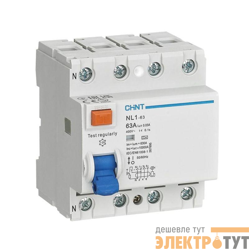 Выключатель дифференциального тока (УЗО) 4п 25А 30мА тип AC 6кА NL1-63 (R) CHINT 200223