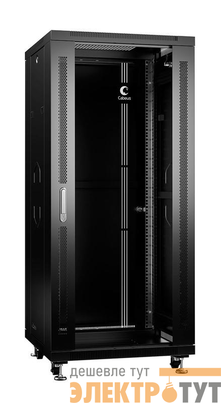 Шкаф монтажный телекоммуникационный напольный SH-05C-27U60/60-BK 19дюйм для распред. и серверн. оборудования 27U 600х600х1388мм передн. стеклян. и задн. сплошн. метал. двери ручка с замком черн. (RAL 9004) Cabeus 8557c