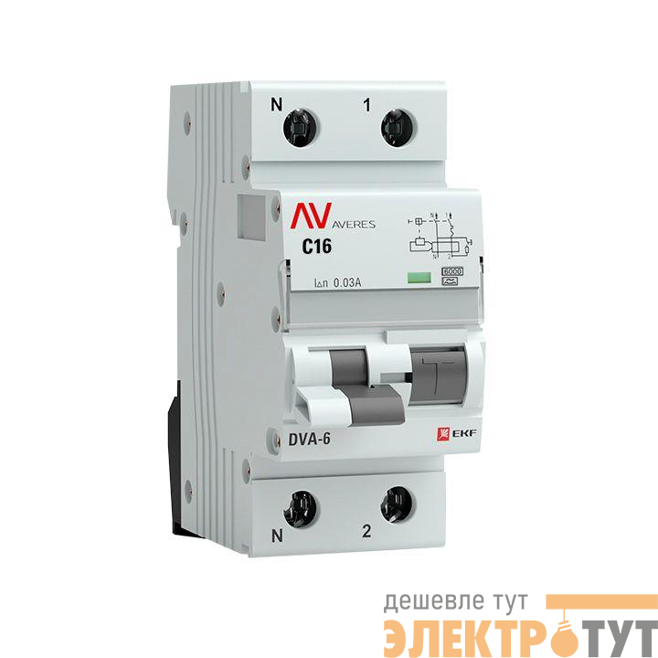 Выключатель автоматический дифференциального тока 1п+N C 16А 30мА тип A DVA-6 6кА AVERES EKF rcbo6-1pn-16C-30-a-av