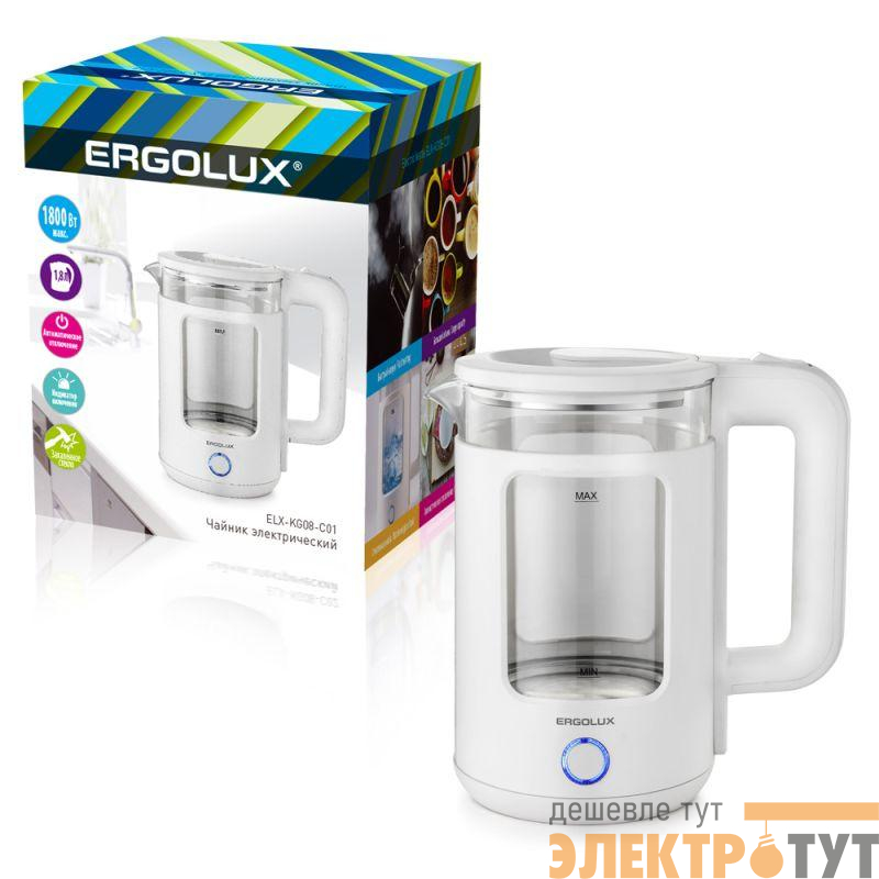 Чайник электрический ELX-KG08-C01 стекло/пластик 1.8л 220-240В 1800Вт бел. ERGOLUX 15334