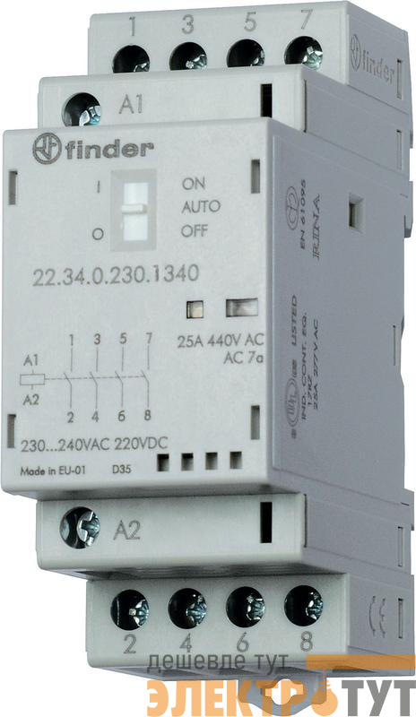 Контактор модульный 4NO 25А AgNi 24В AC/DC 35мм IP20 опции: мех. индикатор + LED FINDER 223400241320