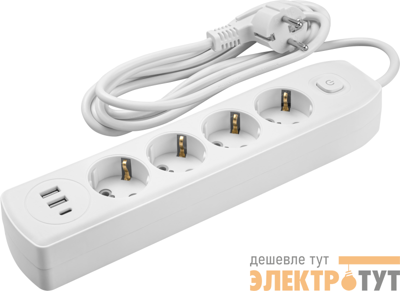 Удлинитель 4х1.8м с заземл. 10А IP20 90 841 OPE-USB-04-180-ESC-3x1 USB 2xType-A + Type-C с кнопкой ОНЛАЙТ 90841