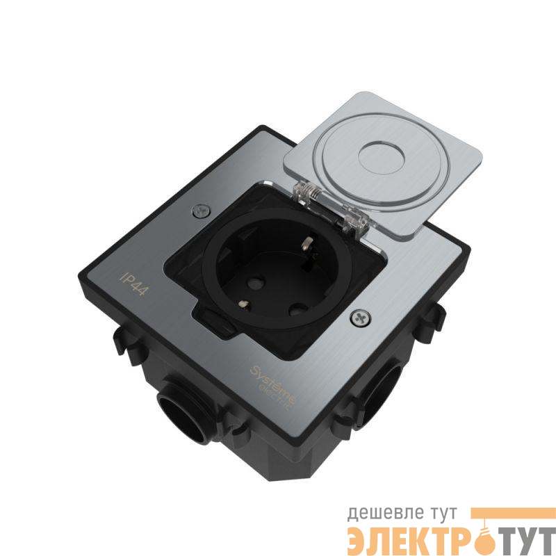 Лючок MultiDesk MDK21 с розеткой 2P+E 16А 250В IP44 с монтажной коробкой для бетонных полов серебр. SE MDK21202SC