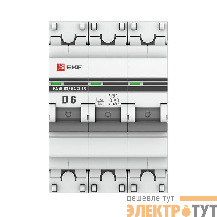 Выключатель автоматический модульный 3п D 6А 4.5кА ВА 47-63 PROxima EKF mcb4763-3-06D-pro