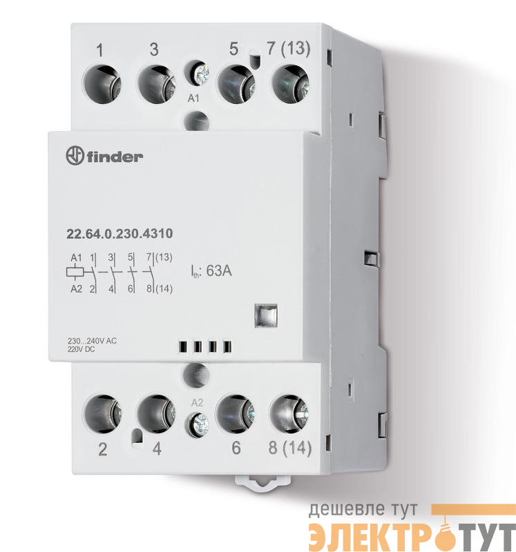 Контактор модульный 4NO 63А AgSnO2 230В AC/DC 53.5мм IP20 опции: мех. индикатор FINDER 226402304310