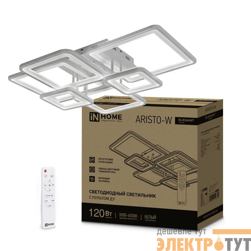 Светильник светодиодный ELEGANT ARISTO-W 120Вт 3000-6500К 8400лм 230В 686х587х151мм пульт ДУ бел. IN HOME 4690612047317