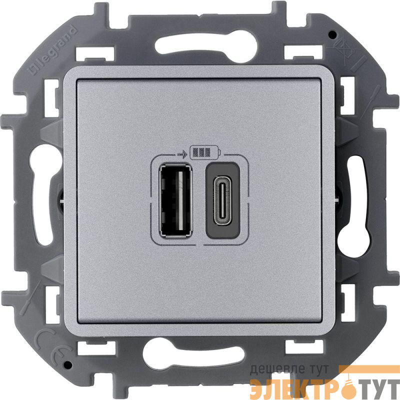 Устройство зарядное Inspiria с 2-мя USB разьемами A и C 240В/5В 3000мА алюм. IEK 673762