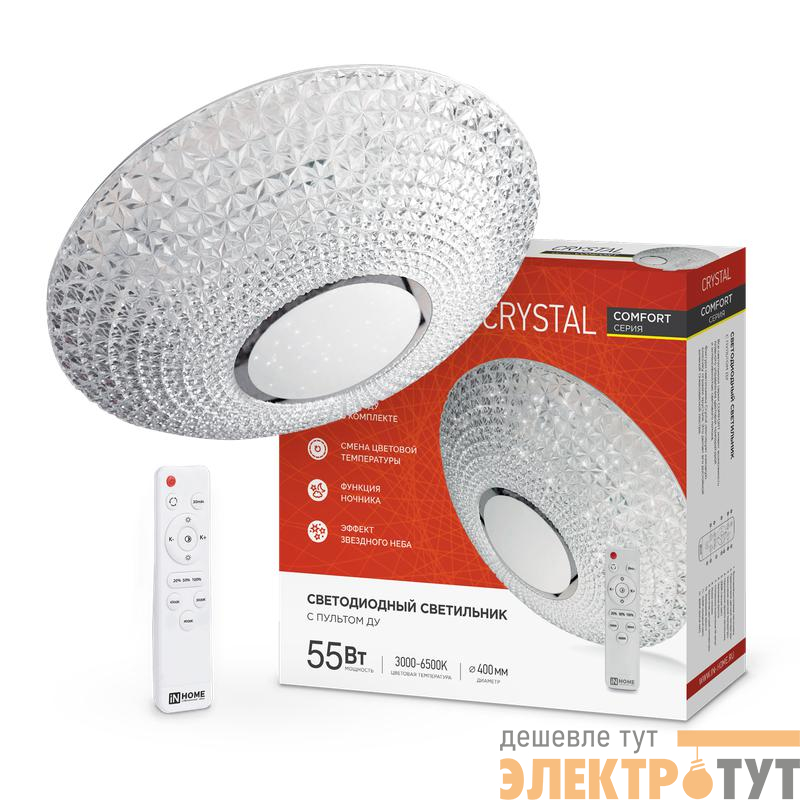 Светильник светодиодный COMFORT CRYSTAL 55Вт 3000-6500К 4400лм 230В 400х100мм с пультом ДУ IN HOME 4690612034898