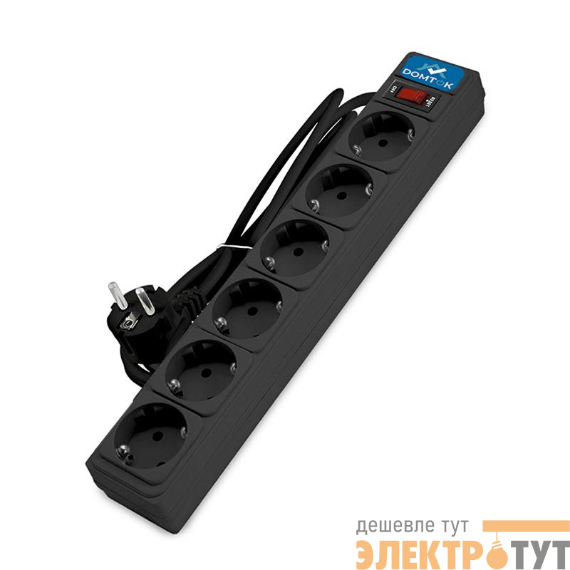 Удлинитель с сетевым фильтром 6х1.8м с заземл 10А IP20 2.2кВт ПВС 3х1 с выкл. черн. DOMTOK 2521