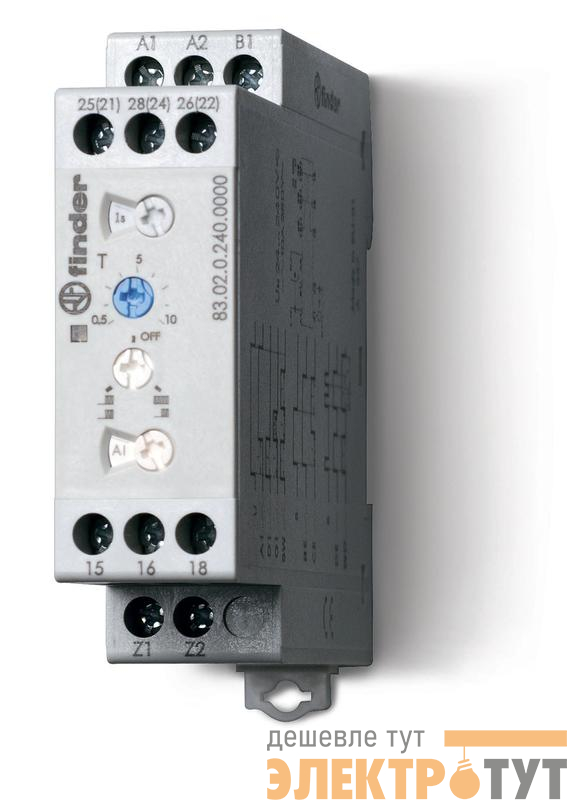 Таймер модульный мультифункциональный (AI; DI; SW; BE; CE; DE; WD) 24…240В AC/DC 2перекл. 12А Ш=22.5мм регулировка времени 0.05с…10дней IP20 FINDER 830202400000