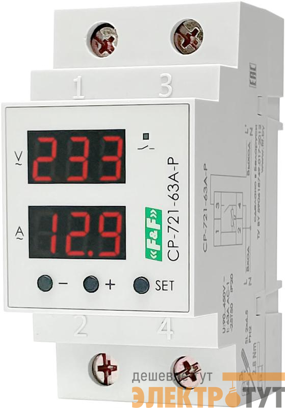 Реле напряжения с контролем тока и мощности CP-721-63A-P 1ф 1НО 63А 90..450В TrueRMS. F&F EA04.009.027