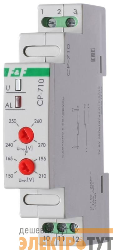Реле напряжения CP-710 (однофазный; контроль верхнего и нижнего значений напряжения; монтаж на DIN-рейке 35мм; 230В 16А 1P IP20) F&F EA04.009.001