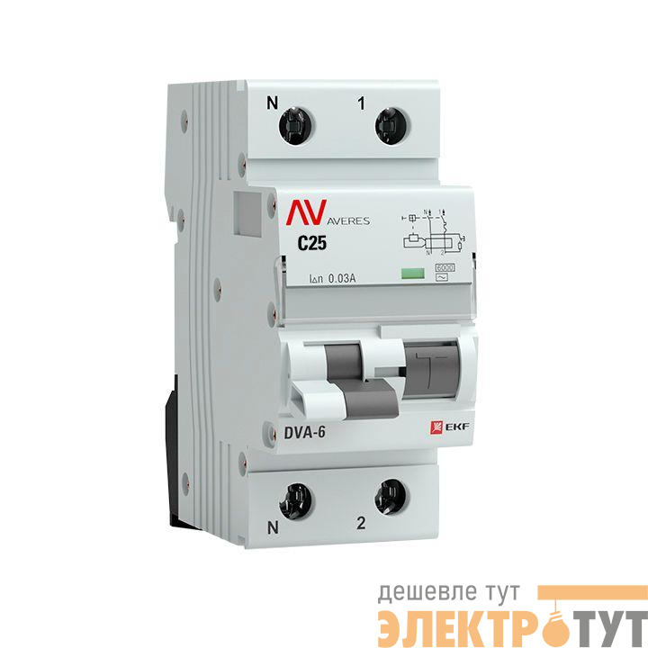 Выключатель автоматический дифференциального тока 1п+N C 25А 30мА тип AC DVA-6 6кА AVERES EKF rcbo6-1pn-25C-30-ac-av