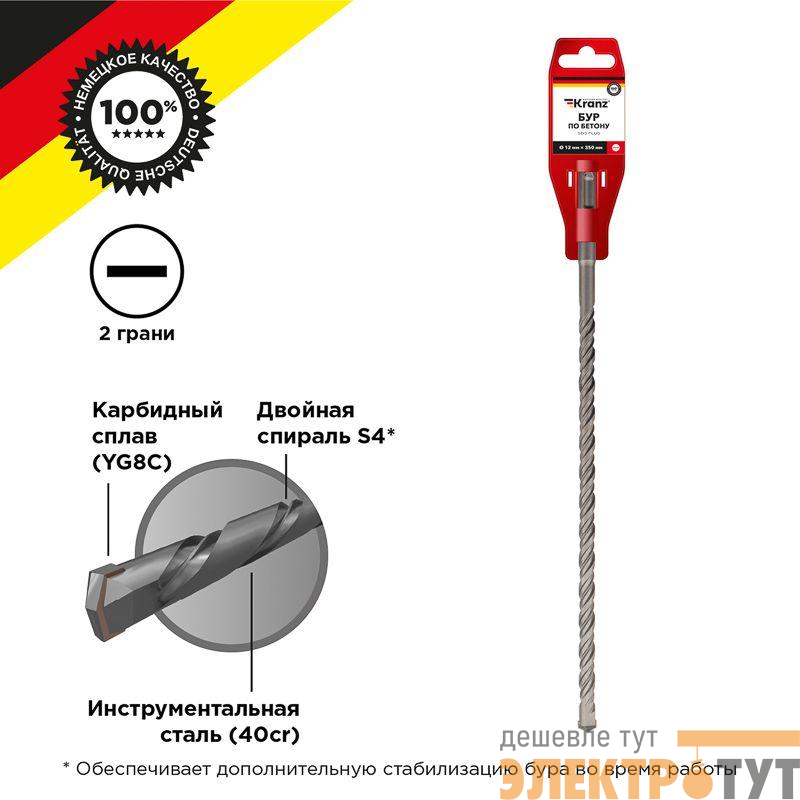Бур по бетону 12x350мм SDS PLUS Kranz KR-91-0834