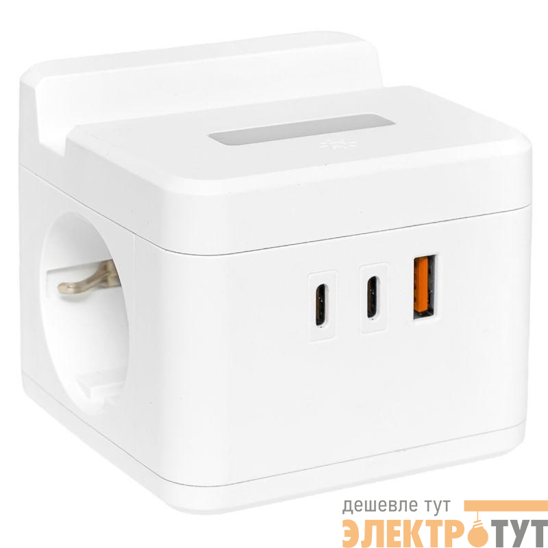 Удлинитель "Куб" 2х1.3м USB + 2Type C с быстрой зарядкой подставкой под телефон и ночником 1кв.мм EKF UBA-CUB-2-FC