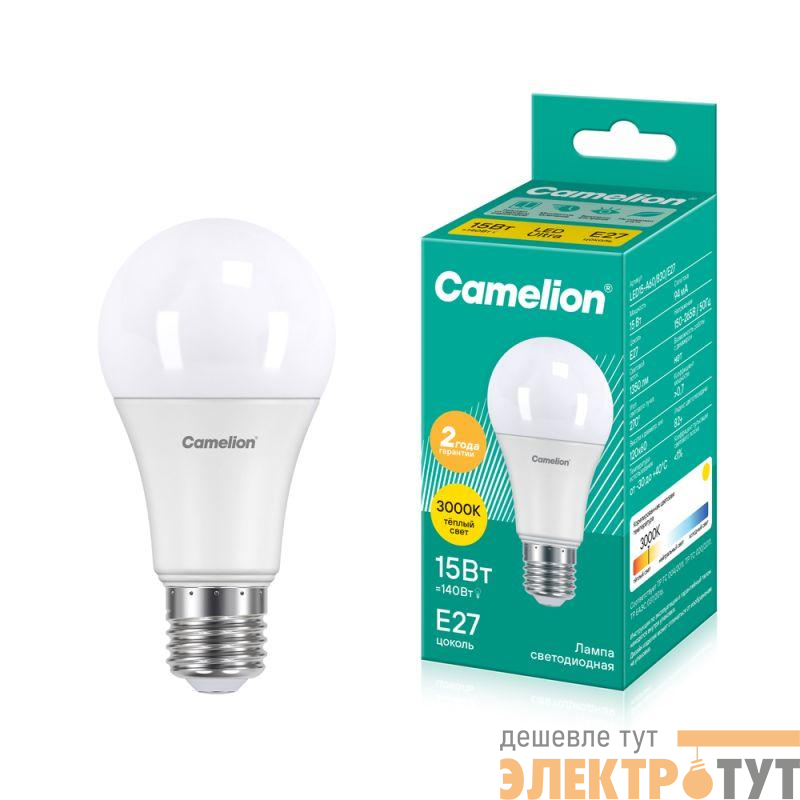 Лампа светодиодная LED15-A60/830/E27 15Вт грушевидная 3000К тепл. бел. E27 1280лм 170-265В Camelion 12185