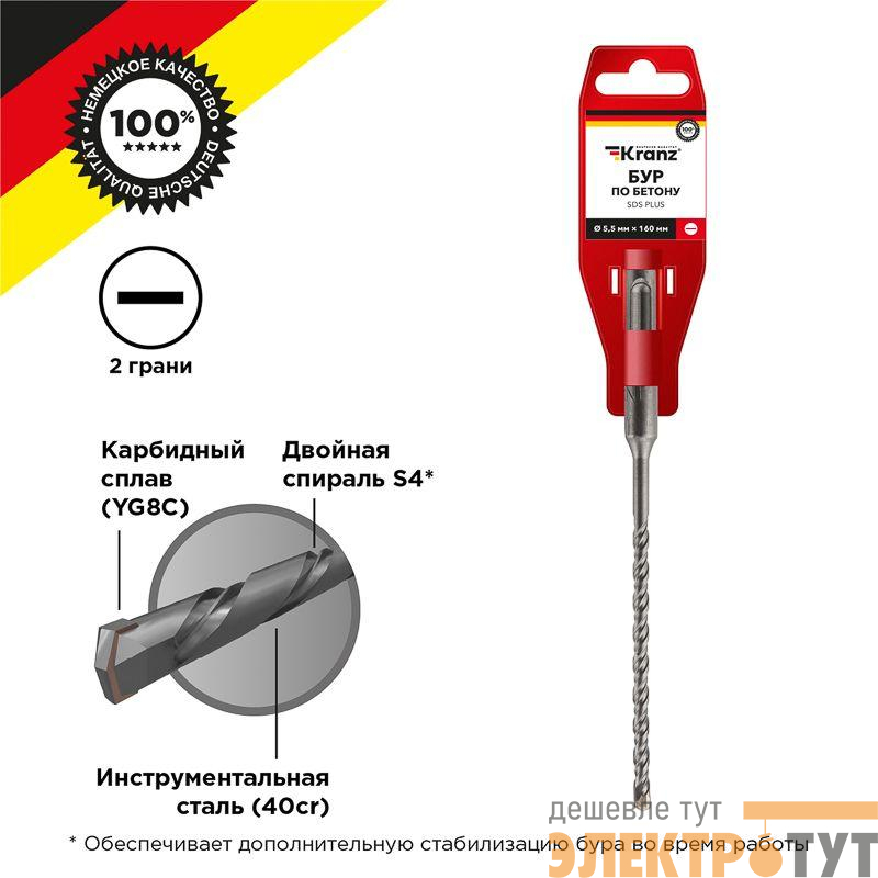 Бур по бетону 5.5x160x100мм SDS PLUS Kranz KR-91-0008