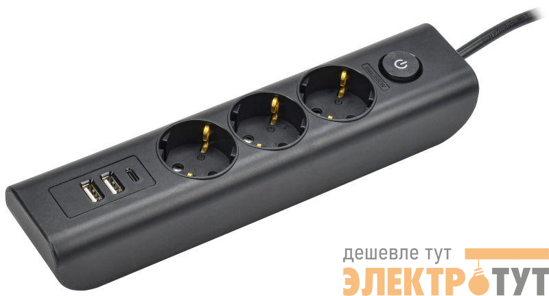 Удлинитель 3х2м с заземл. 16А 250В MODERN У03В с выкл. USBх3 (type-Aх2шт + type-Cх1шт) ПВС 3х1 черн. IEK WYP12-16-03-02-ZKU-K02
